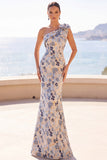 Grey Blue Flower One Shoulder Mermaid Mother of the Bride Dress with Bowknot