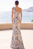 Grey Blue Flower One Shoulder Mermaid Mother of the Bride Dress with Bowknot