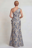 Grey Blue Flower Ruched One Shoulder Mermaid Mother of the Bride Dress with Slit