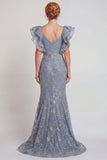 Grey Blue Appliqued Ruffled Sleeve Mermaid Mother of the Bride Dress with Slit