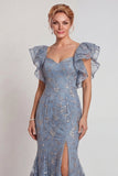 Grey Blue Appliqued Ruffled Sleeve Mermaid Mother of the Bride Dress with Slit
