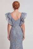 Grey Blue Appliqued Ruffled Sleeve Mermaid Mother of the Bride Dress with Slit