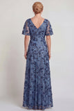 Sparkly Dark Blue Flower V Neck A-Line Long Mother of the Bride Dress with Sleeve