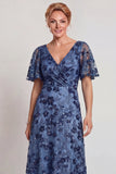 Sparkly Dark Blue Flower V Neck A-Line Long Mother of the Bride Dress with Sleeve