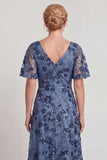 Sparkly Dark Blue Flower V Neck A-Line Long Mother of the Bride Dress with Sleeve