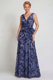 Dark Blue Floral V Neck A-Line Long Mother of the Bride Dress with Bow