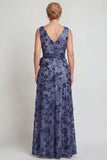 Dark Blue Floral V Neck A-Line Long Mother of the Bride Dress with Bow