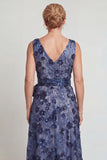 Dark Blue Floral V Neck A-Line Long Mother of the Bride Dress with Bow