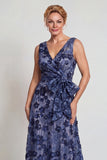 Dark Blue Floral V Neck A-Line Long Mother of the Bride Dress with Bow