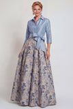 Navy Jacquard 3/4 Sleeves A-Line Long Mother of the Bride Dress with Bowknot