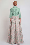 Navy Jacquard 3/4 Sleeves A-Line Long Mother of the Bride Dress with Bowknot
