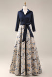 Navy Jacquard 3/4 Sleeves A-Line Long Mother of the Bride Dress with Bowknot