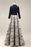 Navy Jacquard 3/4 Sleeves A-Line Long Mother of the Bride Dress with Bowknot