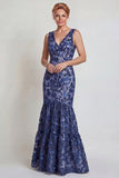 Dark Navy Flower Appliqued V Neck Mermaid Mother of the Bride Dress