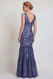Dark Navy Flower Appliqued V Neck Mermaid Mother of the Bride Dress
