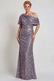 Sparkly Champagne One Shoulder Long Mother of the Bride Dress with Sequins