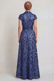Dark Blue Appliqued V Neck A-Line Long Mother of the Bride Dress