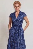 Dark Blue Appliqued V Neck A-Line Long Mother of the Bride Dress
