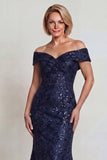 Sparkly Burgundy Off the Shoulder Mermaid Mother of the Bride Dress with Sequins