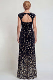 Sparkly Black Silver Bateau Neck A Line Mother of the Bride Dress with Sequins