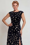 Sparkly Black Silver Bateau Neck A Line Mother of the Bride Dress with Sequins