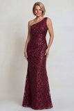 Sparkly Burgundy One Shoulder Mother of the Bride Dress with Sequins