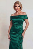 Dark Green Ruffled Off the Shoulder Sheath Satin Mother of the Bride Dress with Slit