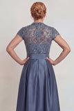 Grey Blue Appliqued A Line Satin Mother of the Bride Dress with Slit