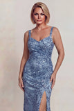 Sparkly Grey Blue Appliqued Spaghetti Straps Sheath Mother of the Bride Dress with Slit