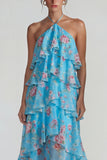 Blue Pink Printed Flower Halter Tiered Chiffon A Line Midi Dress with Ruffles