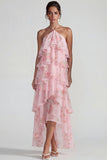 Blue Pink Printed Flower Halter Tiered Chiffon A Line Midi Dress with Ruffles