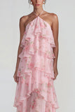 Blue Pink Printed Flower Halter Tiered Chiffon A Line Midi Dress with Ruffles