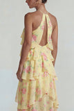 Blue Pink Printed Flower Halter Tiered Chiffon A Line Midi Dress with Ruffles