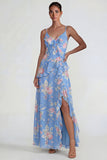 Blue Pink Floral Chiffon A Line Ruffled Maxi Wedding Guest Dress with Slit