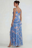 Blue Pink Floral Chiffon A Line Ruffled Maxi Wedding Guest Dress with Slit