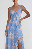 Blue Pink Floral Chiffon A Line Ruffled Maxi Wedding Guest Dress with Slit