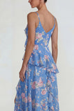 Blue Pink Floral Chiffon A Line Ruffled Maxi Wedding Guest Dress with Slit