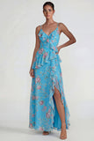 Blue Pink Floral Chiffon A Line Ruffled Maxi Wedding Guest Dress with Slit