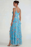 Blue Pink Floral Chiffon A Line Ruffled Maxi Wedding Guest Dress with Slit