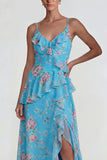 Blue Pink Floral Chiffon A Line Ruffled Maxi Wedding Guest Dress with Slit