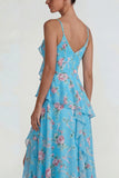 Blue Pink Floral Chiffon A Line Ruffled Maxi Wedding Guest Dress with Slit