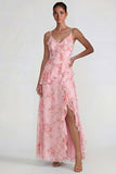 Blue Pink Floral Chiffon A Line Ruffled Maxi Wedding Guest Dress with Slit