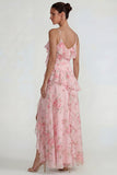 Blue Pink Floral Chiffon A Line Ruffled Maxi Wedding Guest Dress with Slit
