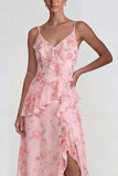 Blue Pink Floral Chiffon A Line Ruffled Maxi Wedding Guest Dress with Slit