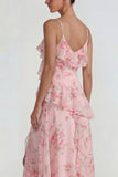 Blue Pink Floral Chiffon A Line Ruffled Maxi Wedding Guest Dress with Slit