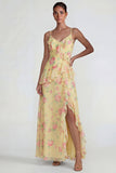 Blue Pink Floral Chiffon A Line Ruffled Maxi Wedding Guest Dress with Slit