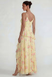 Blue Pink Floral Chiffon A Line Ruffled Maxi Wedding Guest Dress with Slit