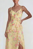 Blue Pink Floral Chiffon A Line Ruffled Maxi Wedding Guest Dress with Slit