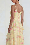 Blue Pink Floral Chiffon A Line Ruffled Maxi Wedding Guest Dress with Slit
