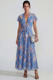 Blue Deep V Neck Pink Floral Chiffon A Line Maxi Wedding Guest Dress with Bowknot